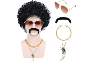 Bettecos 6pcs Set 70s 80s Disco wig with Mustache Glasses Artificial Wolf Necklace Gold Chain Short Curly Synthetic Hair Afro Mens Wig for 60s Rocker Hippies Costume Cosplay Halloween Party (Black)