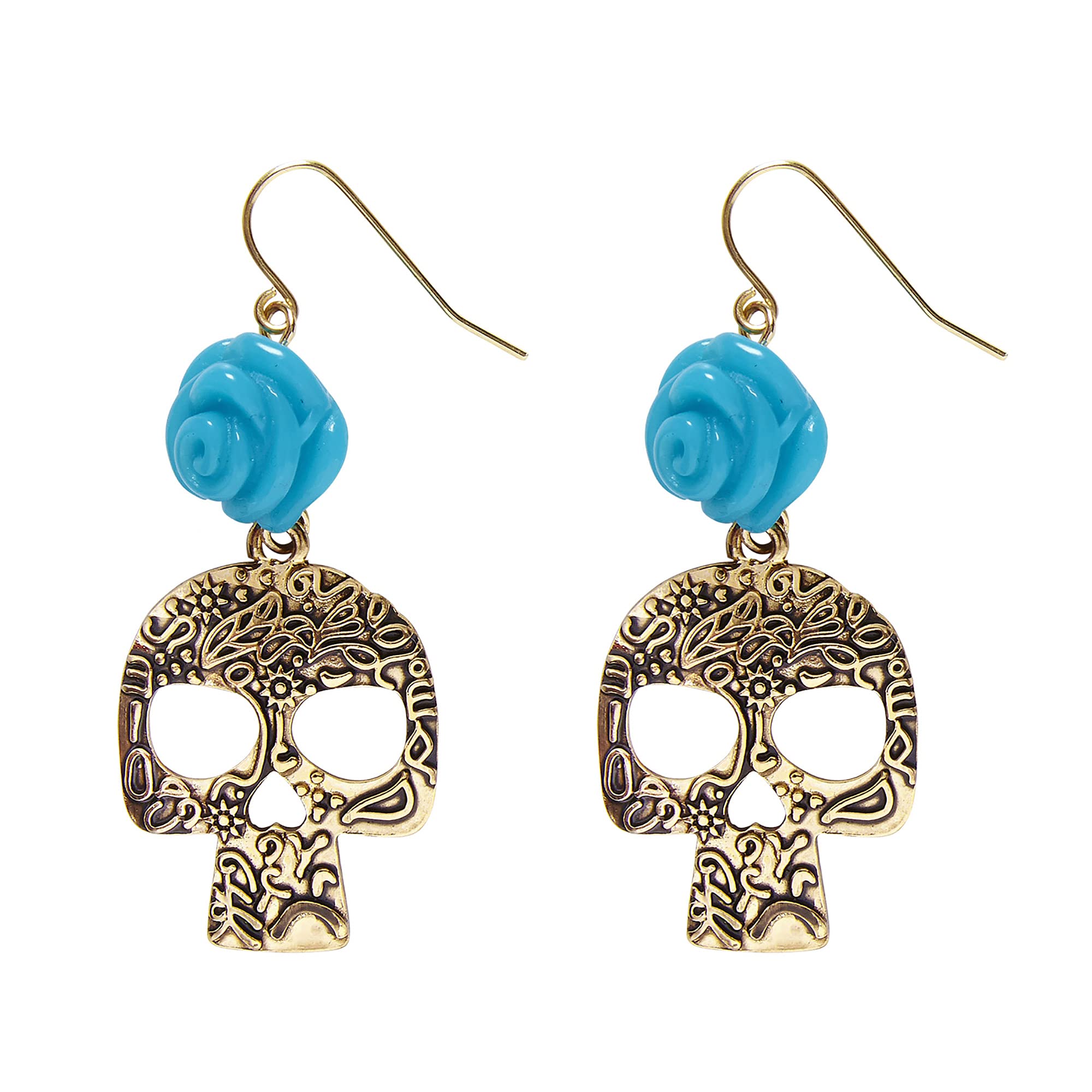WIDMANN 03505 - Pair of Earrings with Skull and Rose, Adult Woman, Dia De Los Muertos, Skeletons, Halloween, Carnival, Light Blue-Gold Color