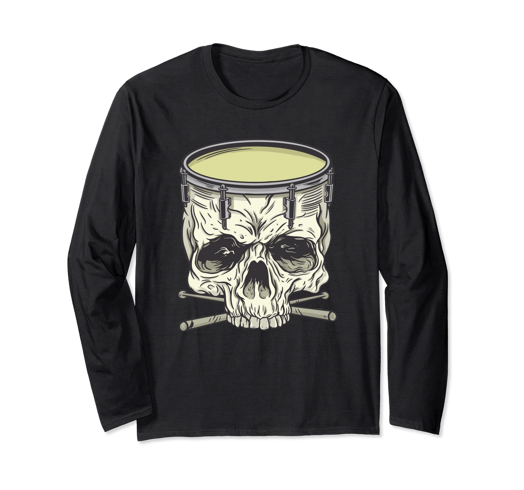 Skull Drummer Snare Drum Sticks Bones Band Musician Line Long Sleeve T-Shirt