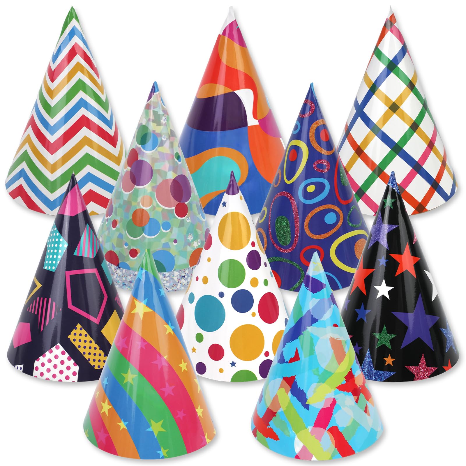 DPKOW Colorful Party Hats for Adults Kids Pets, 20pcs Paper DIY Cone Birthday Party Hats for New Year's Eve Headband Graduation Classroom Christmas, Multicolored Geometric