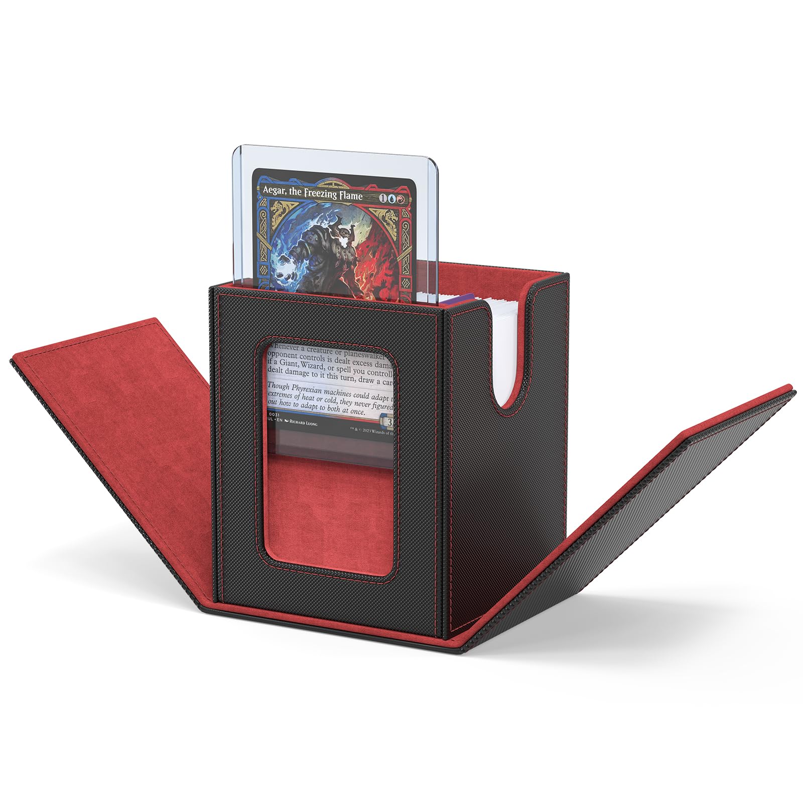 ZLCA MTG Deck Box with Magic Commander Window Display Trading Deck Case Hold 100 Double Sleeved Cards Baseball Card Storage Box is Suitable for CCG/EDH(Black&Red)