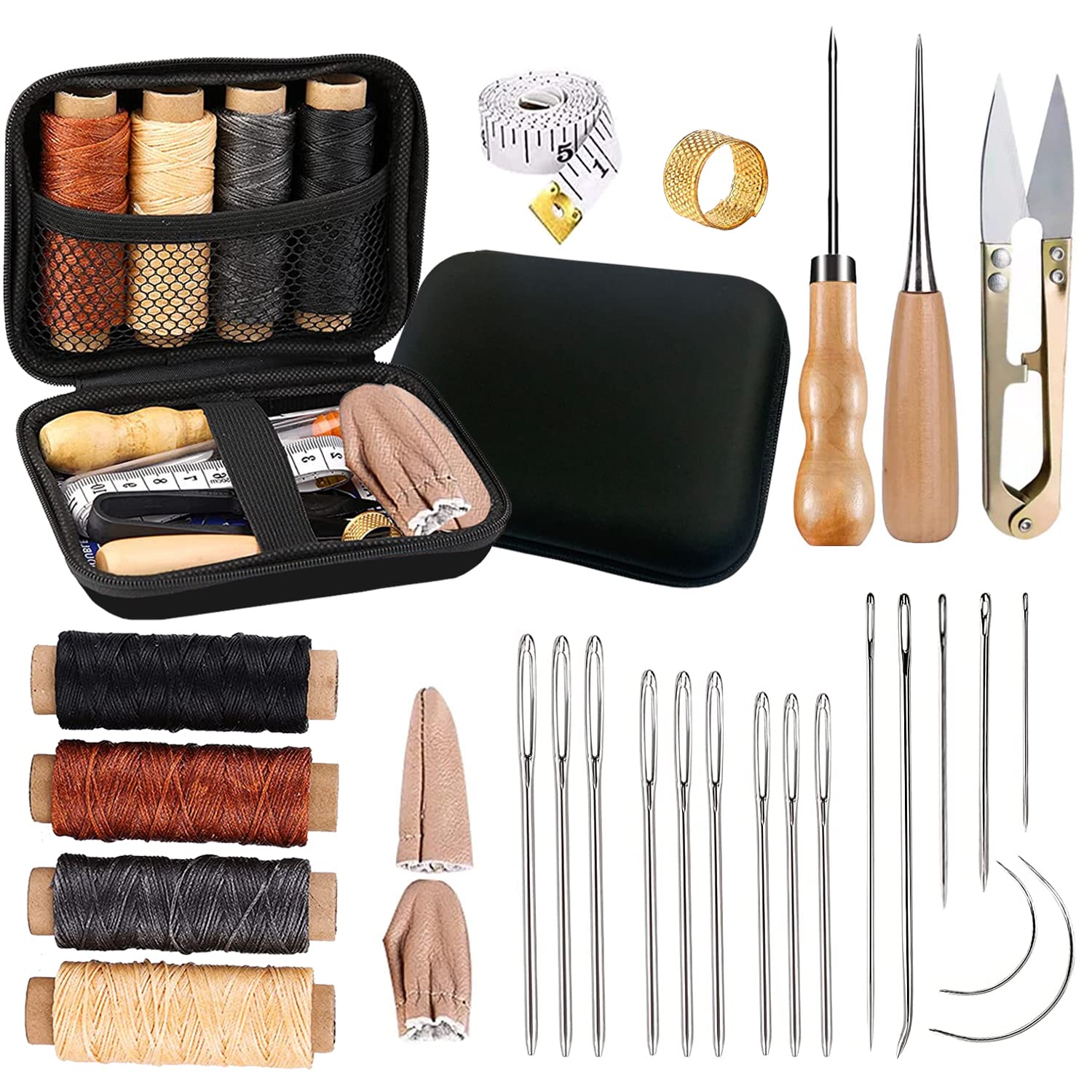 IVODEELA 29 Pcs Leather Sewing Kit, Leather Tool Kit with Needles, Waxed Thread, Thimble, Awl and Storage Bag, Blue