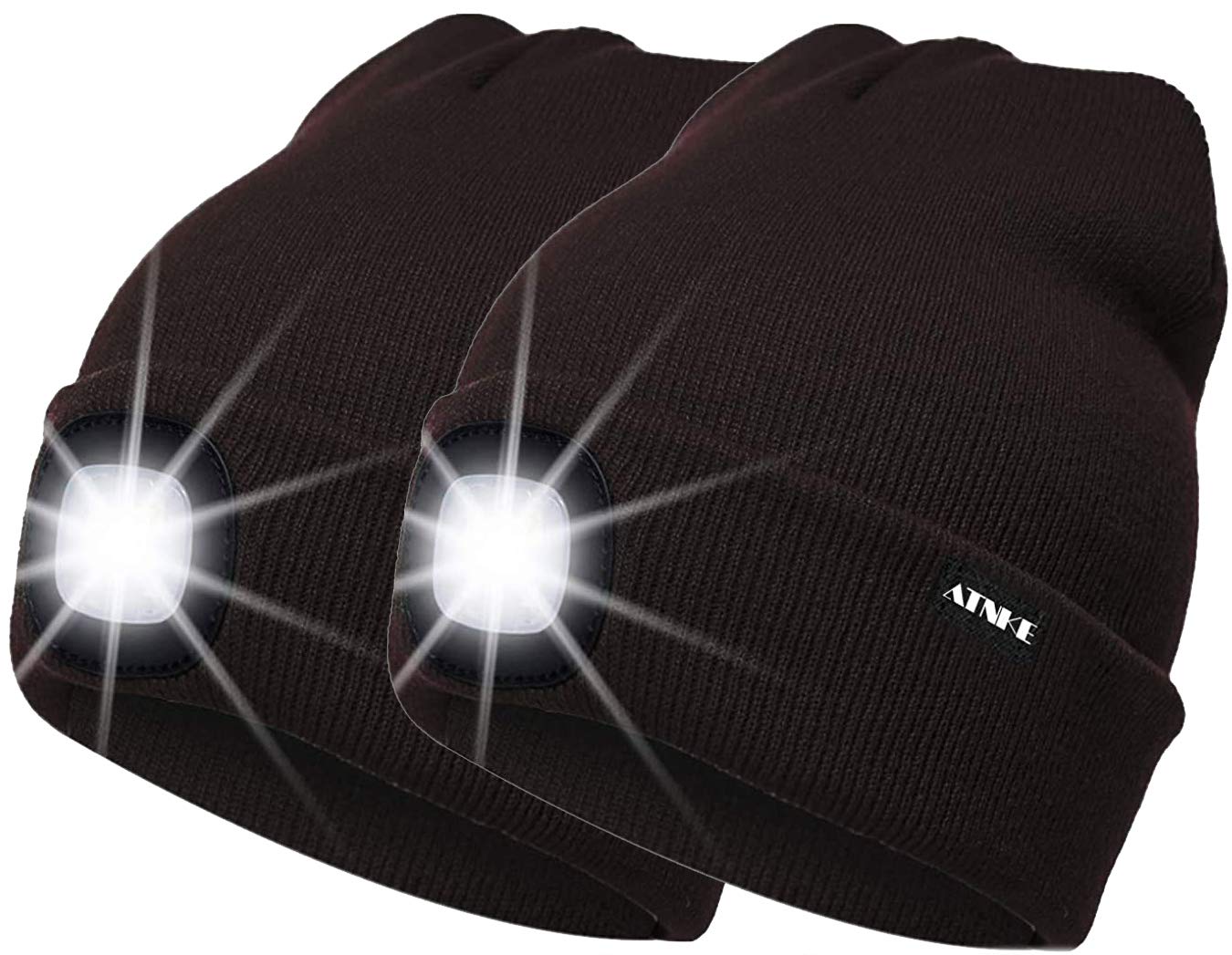 ATNKE 2Pcs New Warm LED Lighted Beanie Cap Unisex USB Rechargeable Running Hat Ultra Bright 4 LED Waterproof Light Lamp Multi-Color/Coffee — image 1