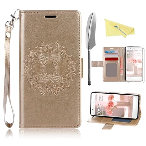 Rosa Schleife Huawei P8 Lite Hülle Gold, Handytasche PU Ledertasche Flip Wallet Book Case Embossed Mandala Schutzhülle mit Ma