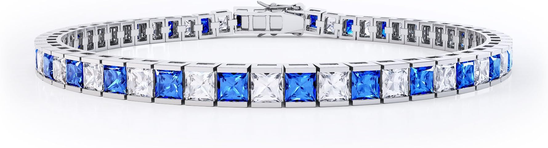 Princess Sapphire and Diamond Silver Tennis Bracelet (WHITE GOLD)