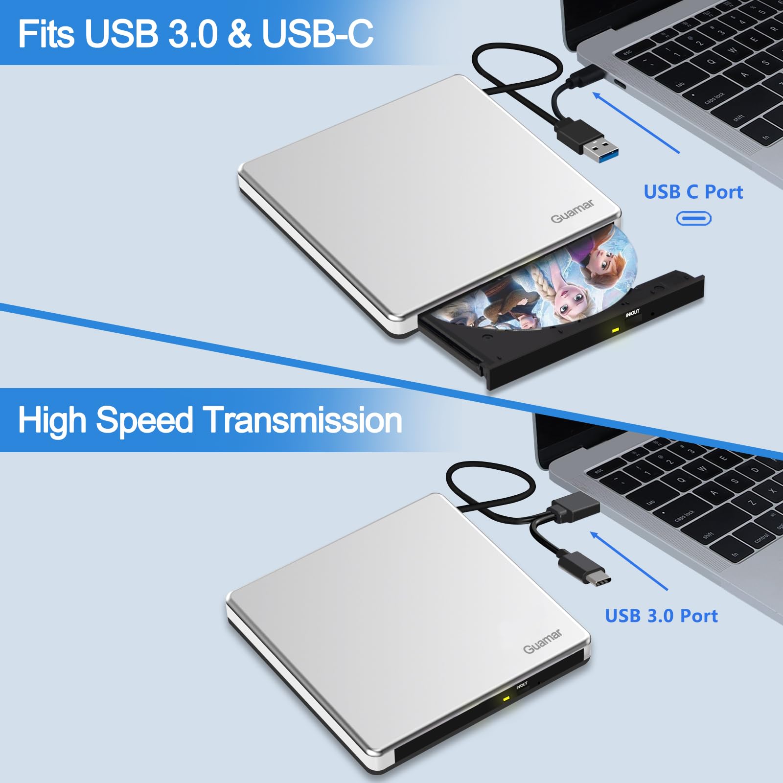 Guamar External CD Drive for Mac: Portable Slim DVD Burner for Laptop PC Windows with SD/TF Slot 2 USB Ports - Plug & Play USB-C Superdrive for MacBook High-Speed Read Write (Silver)