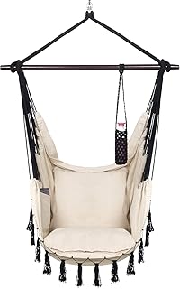 VITA5 Hängesessel 2 Kissen, Beige, Getränkehalter & Bücherfach - XXL Hängestuhl für Erwachsene & Kinder -Belastbar bis 150 kg - Hängesitz für Indoor & Outdoor (Wohn & Kinderzimmer, Garten)