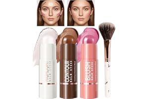 3Pcs Contour Stick Makeup Kit, Cream Blush&Contour&Highlighter Pen With Brush, Matte Dewy Finish Buildable, Lightweight Long 