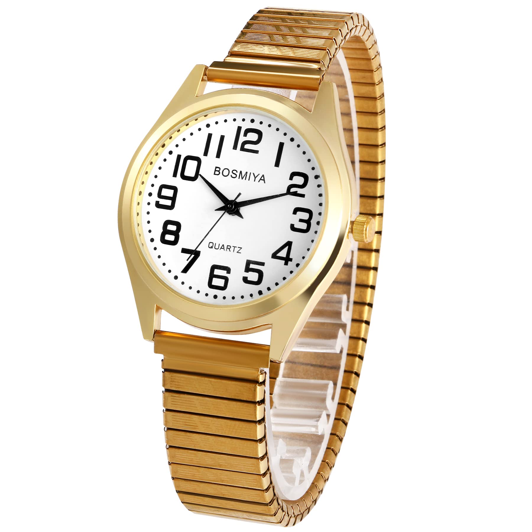 JewelryWe Mens Big Dial Easy Reader Quartz Watch, Gold/Silver Tone Elastic Band Wristwatch, for Xmas Christmas