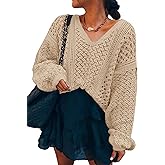 CCTOO Women's Sweaters Casual Oversized V Neck Off Shoulder Sexy Crochet Sweater Batwing Sleeve Pullover Loose Tops