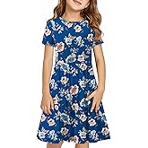 KYMIDY Girls Short Sleeve Floral Dress Kids Boho Casual Twirly Skater Dress with Pockets for Girls 6-13 Years