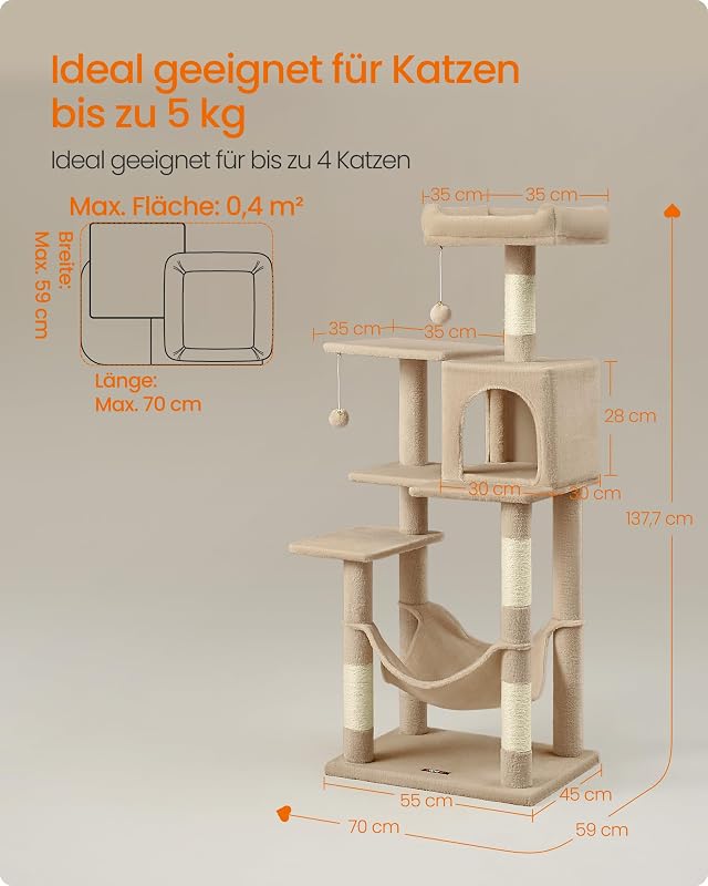 Kratzbaum, 137,7 cm hoch, mehrstöckiges Katzenhaus