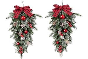 ALGADO 2Pack Christmas Teardrop Swags, 21.6inch Artificial Pine Swag with Bowknot, Red Berries and Pinecone, Winter Pine Needles Swag Greenery Cedar Swag for Xmas Table Door Decor(Green)
