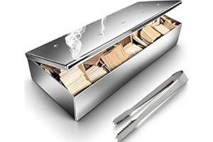 auisea Smoker Box for Gas Grill with Mini Tong, Thickened Stainless Steel Wood Chip Smoker Box with Hinged Lid, No Side Holes for Longer Lasting Smoke, Mirrored Finish, Heavy Duty
