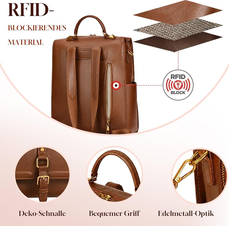 Rucksack Damen Wasserdicht,Diebstahlsicherer Cityrucksack,Veganes Leder Rucksack,eleganter Tagesrucksack,Leichte Rucksackhandtasche für Alltag,Pendeln,Büro,Uni und Reisen