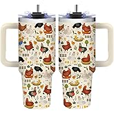 Chicken Gifts for Women - Chicken Tumbler with Handle, 40 oz Stainless Steel Tumbler Vacuum Insulated Coffee Cup Travel Mug, Mothers Day & Birthday Gifts for Women Chickens Lovers (with Lid and Straw)