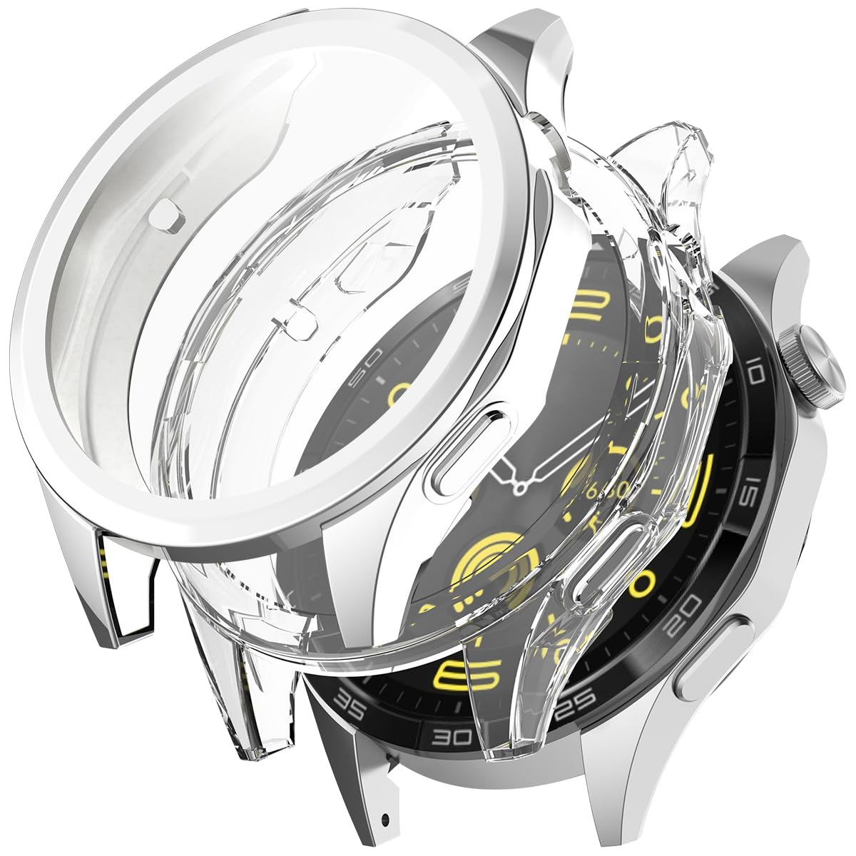 Miimall 2-Pack Case Compatible with Huawei Watch GT 4, Soft TPU Bumper Cover with Screen Protector, Anti-Scratch Shockproof Full Protective Case for Huawei Watch GT4 46mm-Clear+Silver