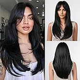 testar Black Wigs For Women Long Straight Black Wigs With Curtain Bangs Synthetic Heat Resistant Layered Wig Natural Looking Wigs For Daily Party Use 24 Inch