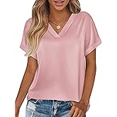 MASCOMODA Womens V Neck Silk Satin Tops Dressy Short Sleeve Work Blouses Spring Summer Loose T Shirts Business Casual Outfits