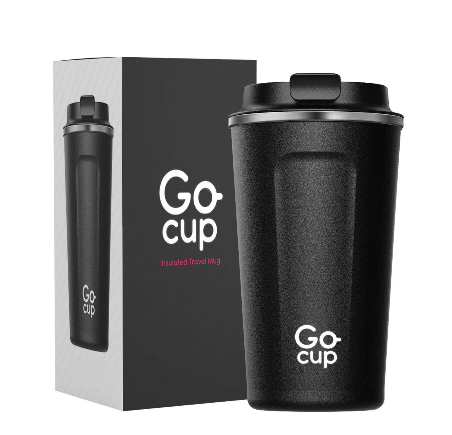 GoCup Travel Mug, Insulated Coffee Cup - Vacuum Insulation Stainless Steel Mug for Hot and Cold Drinks Black, 510ml