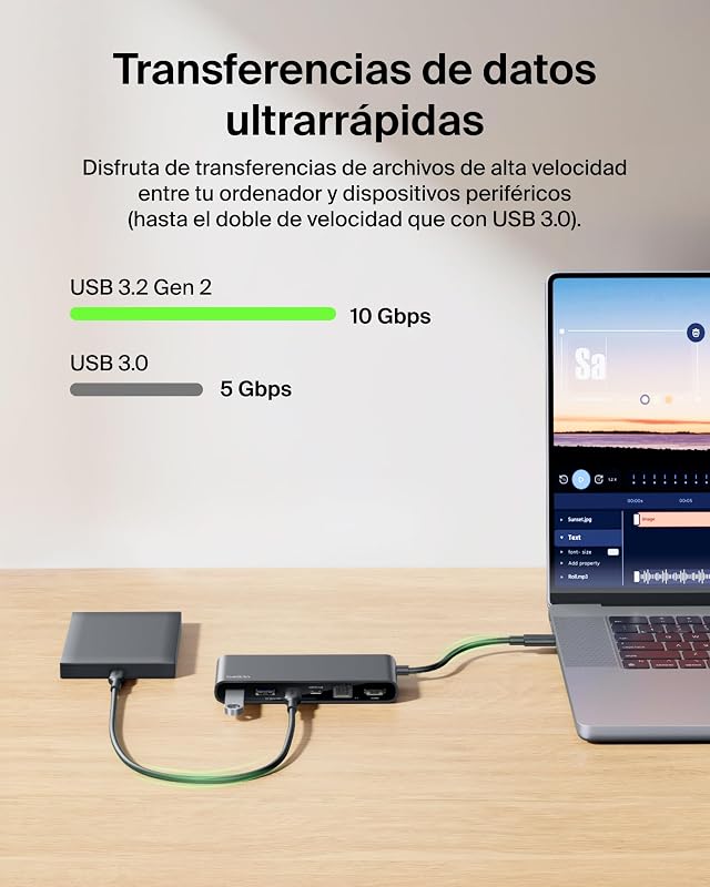 Connect Hub USB C de 8 Puertos, Adaptador USB C con Vídeo con Resolución 4K a 60 Hz, para Mac, Windows y Chromebook, Power Delivery a 100 W, Transferencias de 10 Gbps y 2.5Gbps Ethernet - Negro