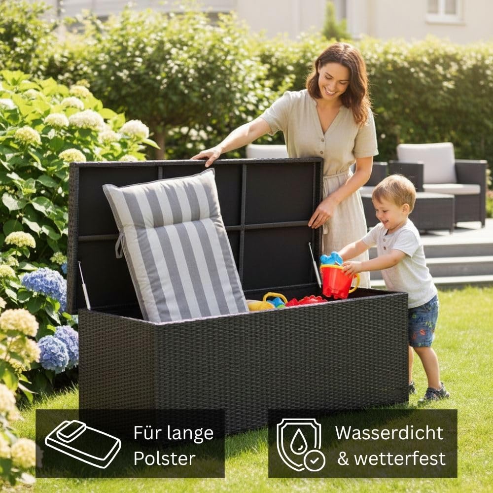 RS Trade Auflagenbox wasserdicht, Gartenbox, Aufbewahrungsbox Garten, Kissenbox Outdoor, Gartentruhe, große Gartenkiste für Polster, wetterfeste Garten-Aufbewahrung, Polyrattan, 650l, silber 2