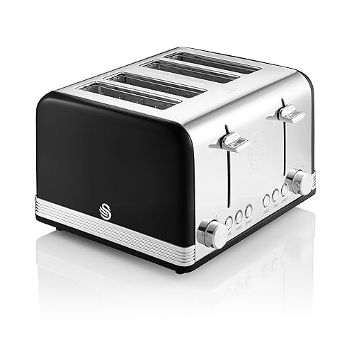 Swan ST19020BN Retro 4-Slice Toaster with Defost/Reheat/Cancel Functions, Cord Storage, 1600W, Retro Black