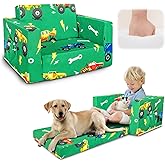 Beavtaens Kids Couch, 2-in-1 Kids Fold Out Sofa, Convertible Toddler Couch to Lounger for Girls and Boys, Soft Toddler Chairs Comfy 1-3 Years Old (Green Monster Truck)