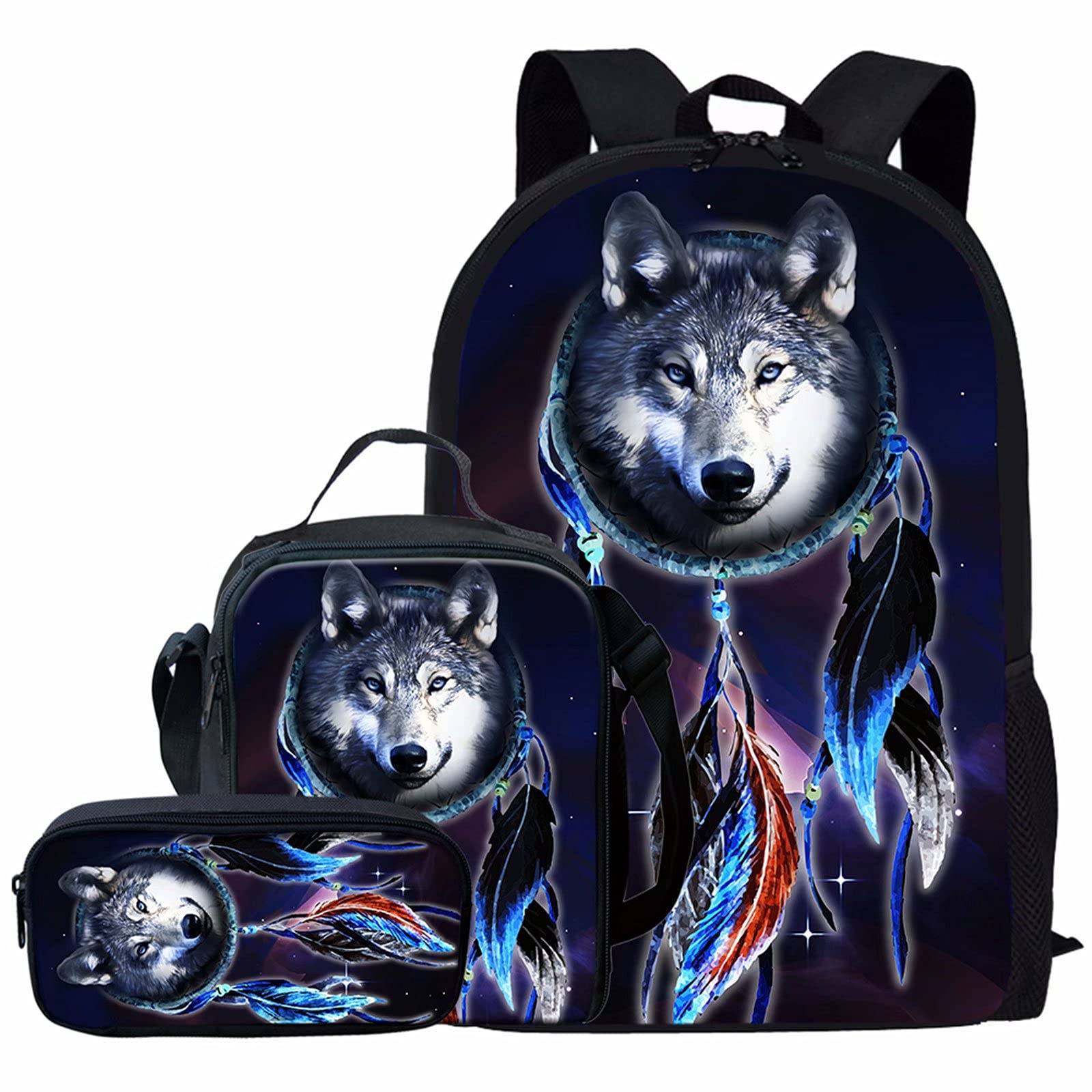NETILGEN Dream Catcher Black Wolf School Bags for Boys,Teen Packed Lunch Box Single Shoulder Tote,Cool 3D Portable Pencilcase 3pcs Set