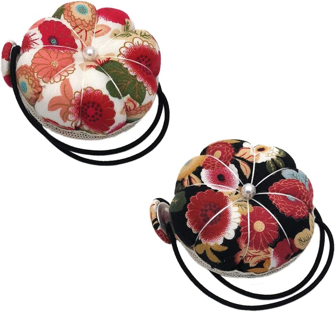 Chris.W 2Pcs Wrist Pin Cushions Sewing Machine Pins Holder Floral Pumpkin Wrist Band Pin Cushions Wearable Needle Pincushions for Sewing