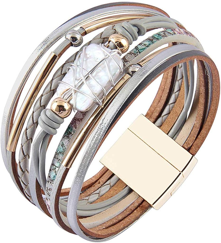 Fesciory Leopard Bracelet for Women Wrap Multi-Layer Leather Bracelet Magnetic Clasp Cuff Bangle Jewelry(Gray Leather(Pearl)): Clothing