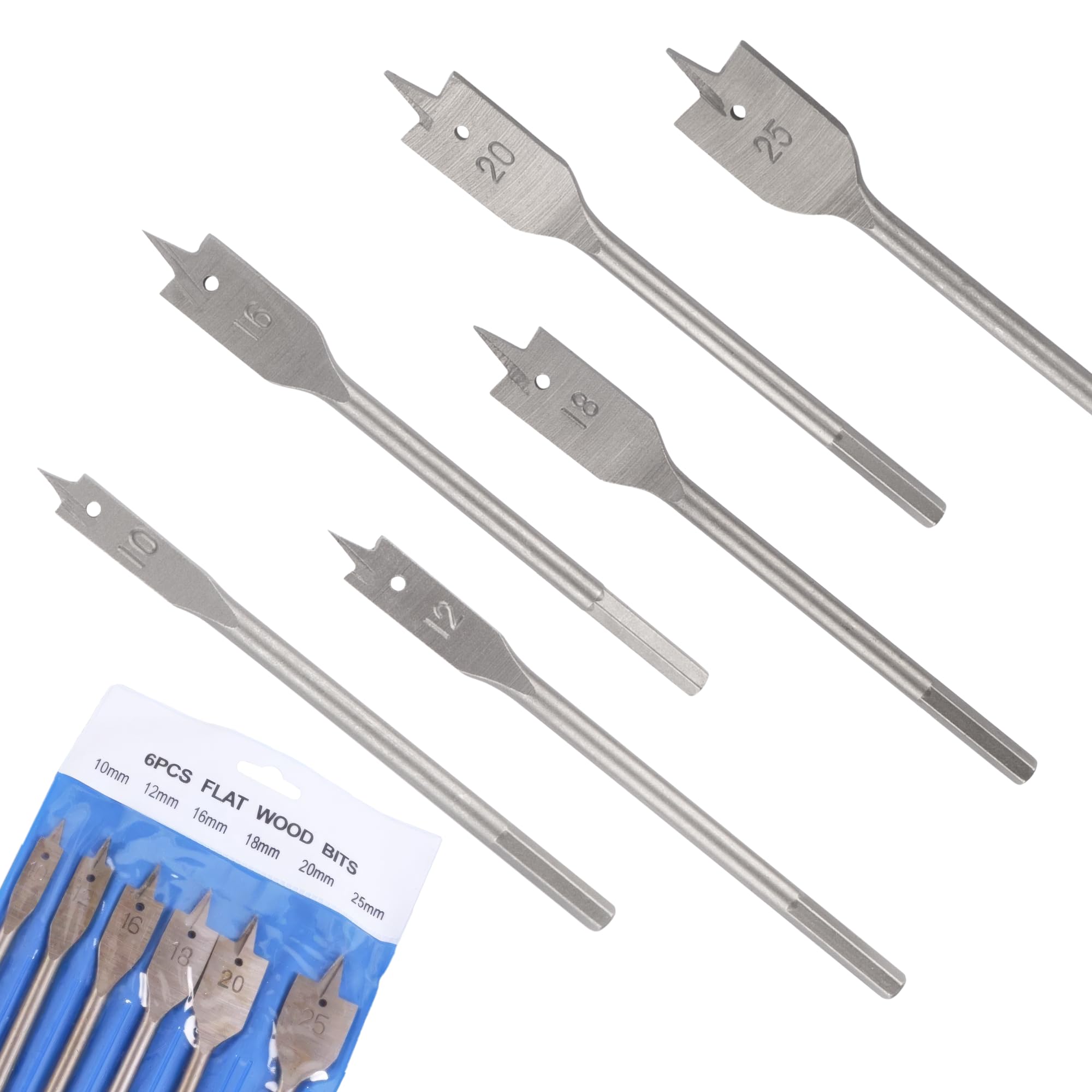 6 Heavy Duty Spade Drill Bits Set with a Vinyl Carry Pouch - 1/4 Inch Quick Change Hex Shank, 10mm, 12mm, 16mm, 18mm, 20mm, and 25mm, Flat wood Bit Set, Woodworking Hole Cutter Tool