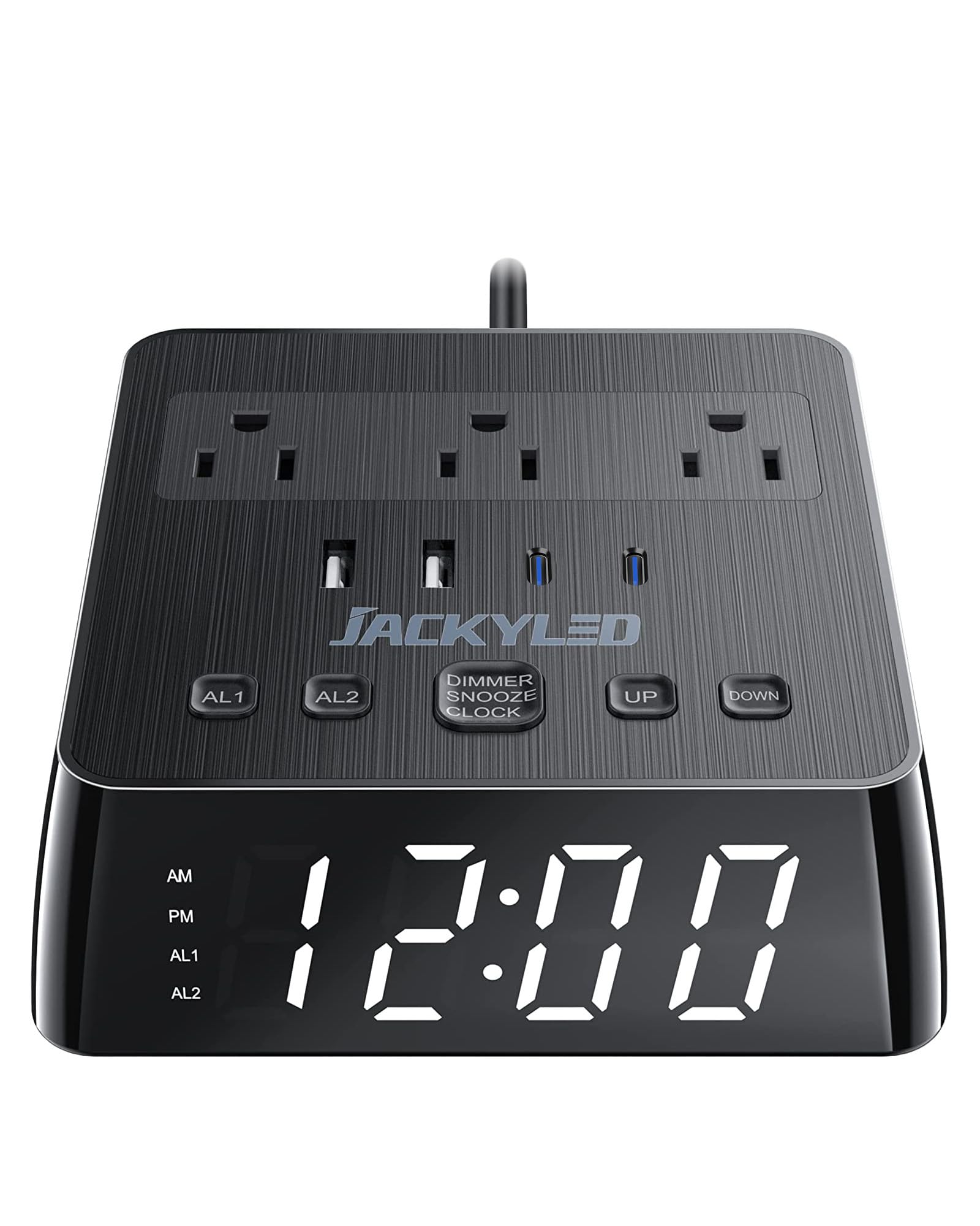 Photo 1 of JACKYLED Alarm Clock with 4 USB Chargers Power Strip 3 Outlets 1700J Surge Protector Nightstand Dimmable Digital Clock with Dual Alarm and Snooze Function for Bedroom, Full Screen LED Display