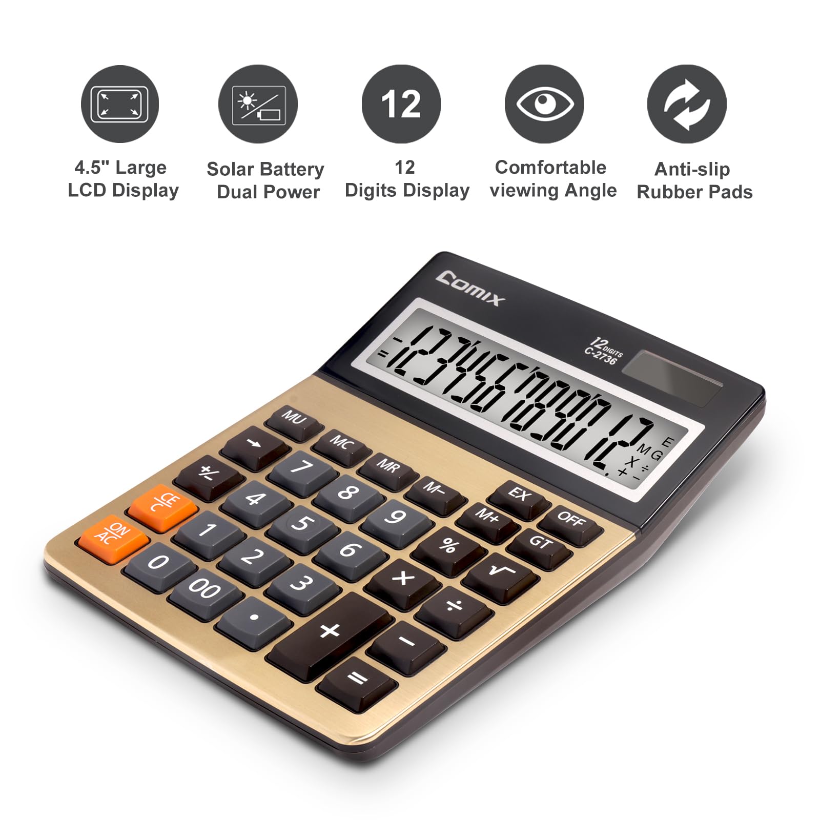 Comix Desk Calculator, 12-Digit Large LCD Display, Big Buttons, Solar Battery Dual Power, Desktop Calculator for Home Office School C-2736