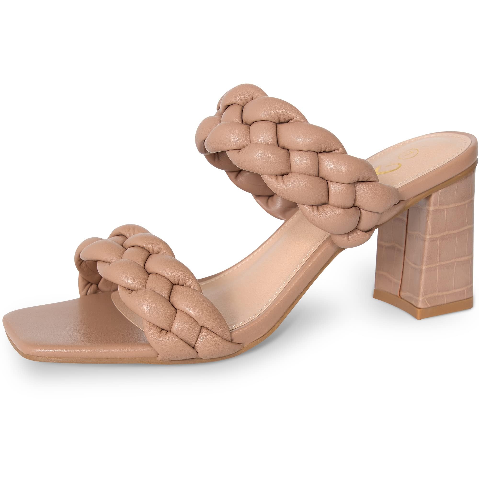 Photo 1 of Athlefit Women's Braided Heeled Sandals Fashion Square Open Toe Comfortable Slip on Block Nude Heels Size 8.5