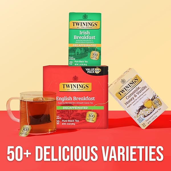 TWININGS DECAFFEINATED ENGLISH BREAKFAST BLACK TEA INDIVIDUALLY WRAPPED BAGS, 100 COUNT (PACK OF 1), SMOOTH, FLAVOURFUL BLACK TEA, ENJOY HOT OR ICED, 100 TEABAGS