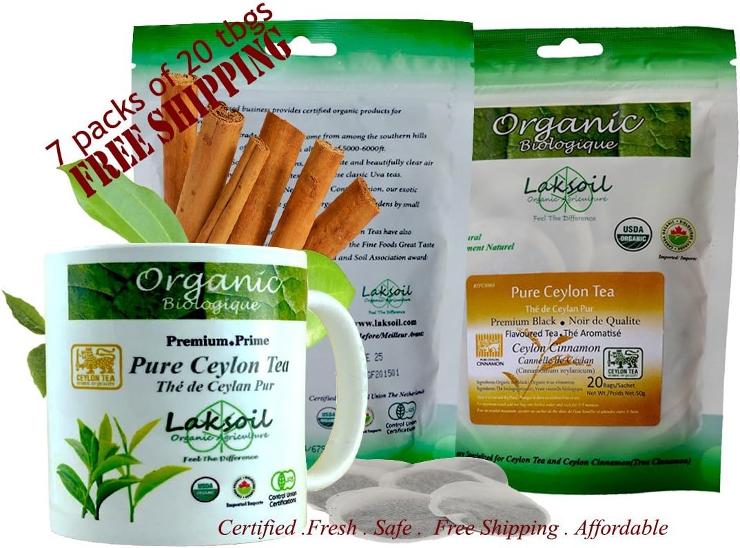 Certified Organic 140 Tea bags(7 packs of 20 tbags)of Ceylon/True Cinnamon Flavored BLACK TEA bags-100% Natural