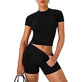 OLCHEE Womens Workout Sets 2 Piece Seamless Summer Outfits Scrunch Butt Shorts Crew Neck T-shirt Matching Clothing Set