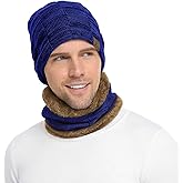 Mens Winter Beanie Hats Scarf Set Warm Knit Skull Cap Neck Warmer with Fleece Lined Winter Hat for Women