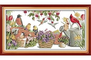 Maydear Cross Stitch Kits for Adults DIY Stamped Cross Stitch Needle Punch Embroidery Kit for Beginner 11CT 3 Strands 27.2×15.4 inches - Birds Gather in Garden