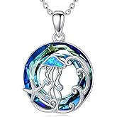 Qyvit Dolphin/Jellyfish/Sea Turtle Necklace 925 Sterling Silver Blue Circle Crystal Summer Ocean Necklace Hawaiian Beach Jewelry for Women