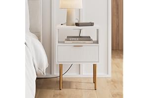 Masupu Nightstand with Charging Station,Mid-Century Modern Bedside Table with Storage Drawer and Open Wood Shelf,Small Gold Frame Side Table for Bedroom,Living Room (White)