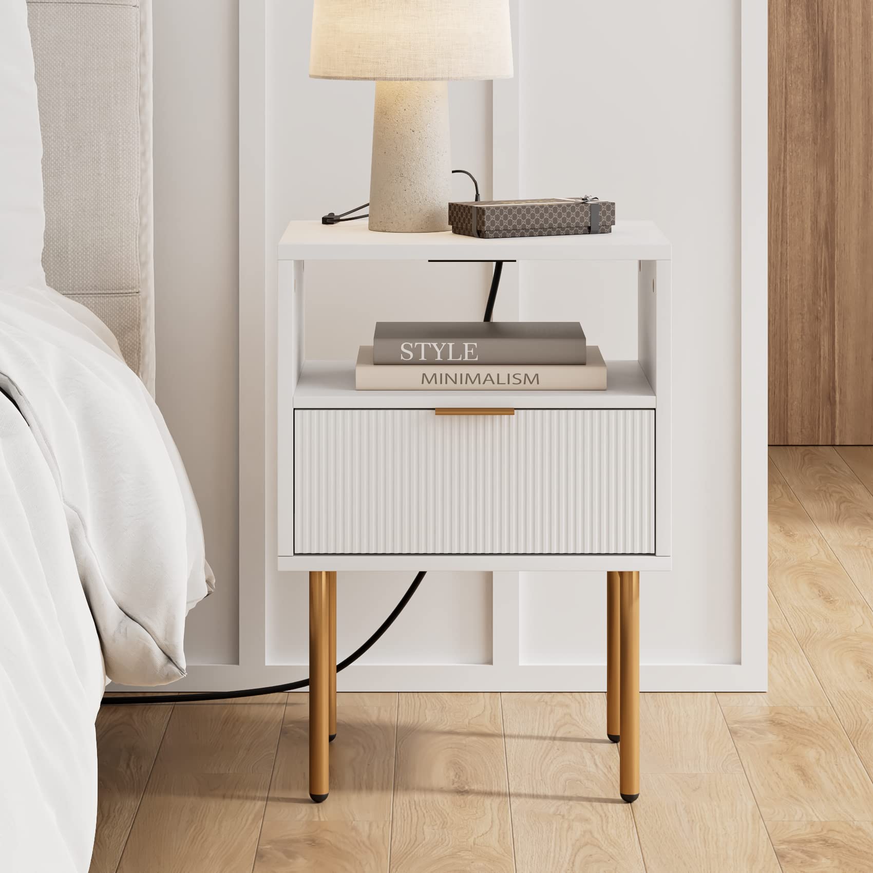 Photo 1 of Masupu Nightstand with Charging Station,Mid-Century Modern Bedside Table with Storage Drawer and Open Wood Shelf,Small Gold Frame Side Table for Bedroom,Living Room (White)