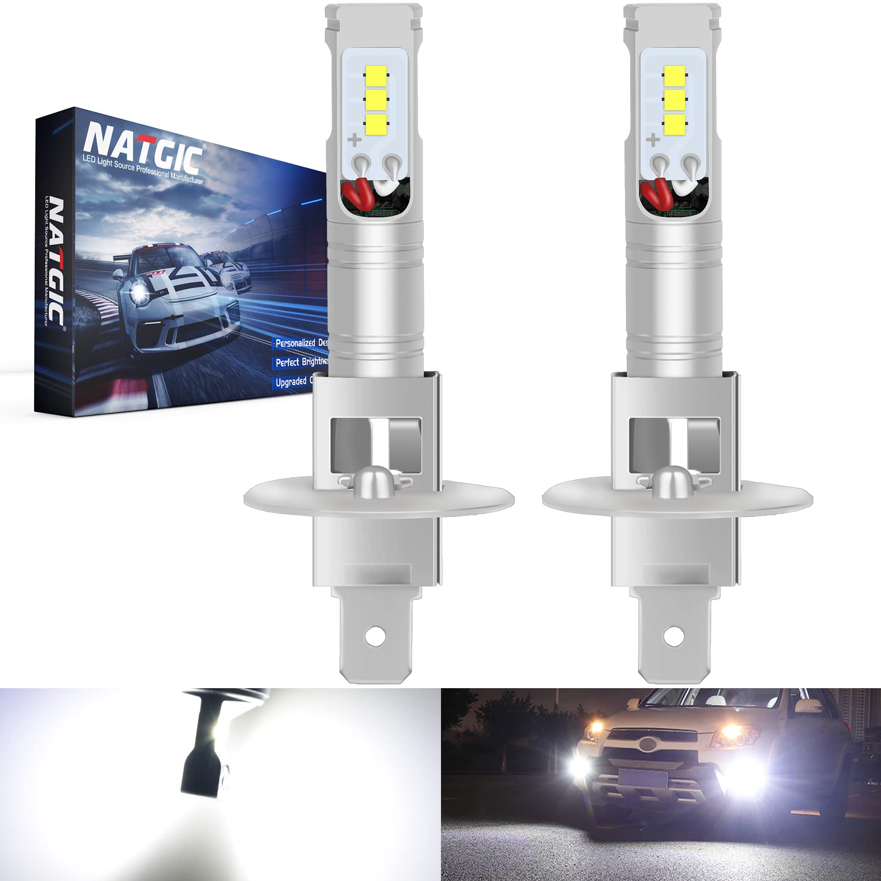 NATGIC H1 Led Fog Light Bulbs Xenon White 1700LM CSP Chips Used for Fog Light Fog Lamp, 12V-24V (2-Pack)