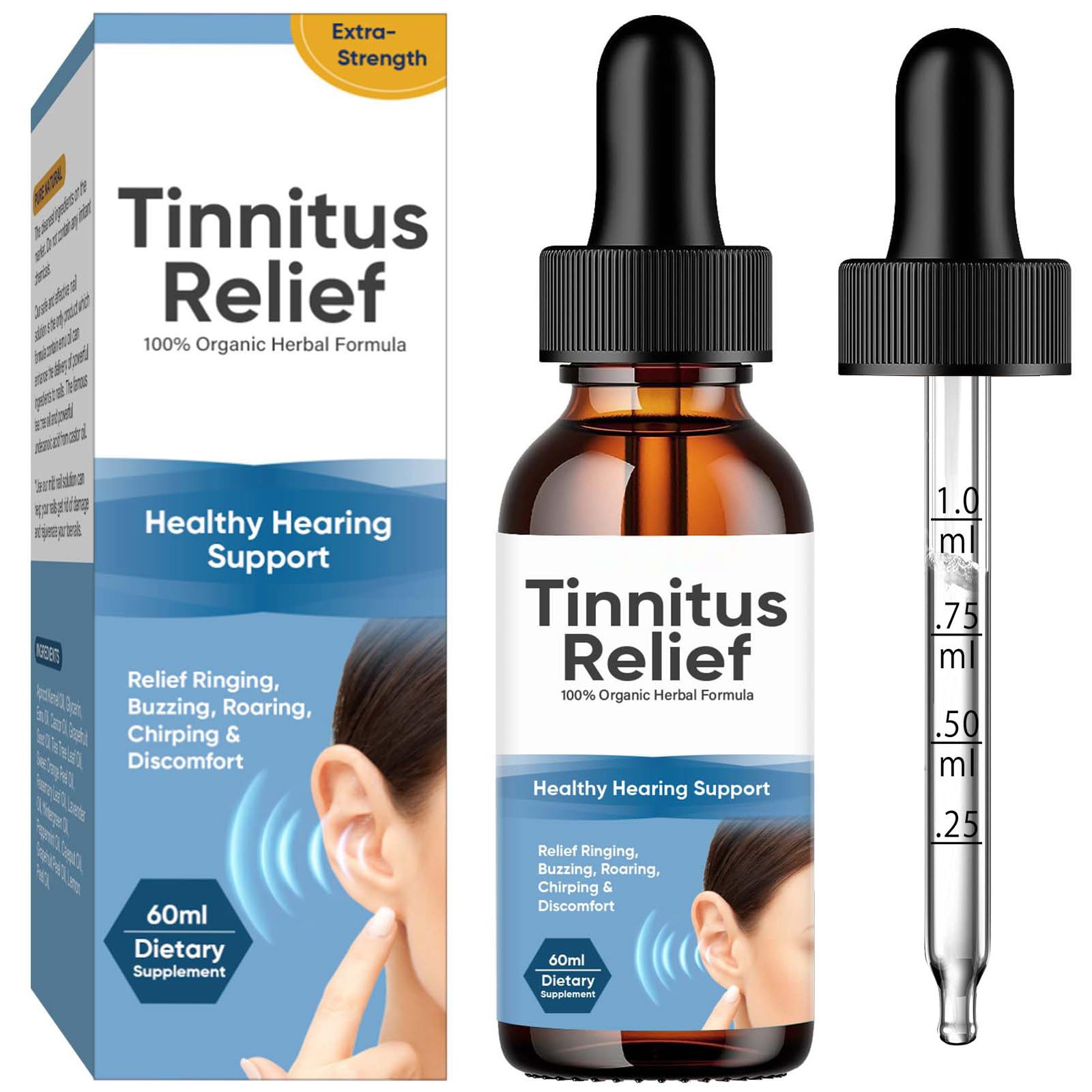 Photo 1 of TUHIMO Tinnitus Relief for Ringing Ears, Natural Ingredients Tinnitus Relief Ear Drops for Ear Infection,Ear Drying Drops for Adults and Kids,Reduce Ear Noise & Improve Hearing,60ml-Blue
