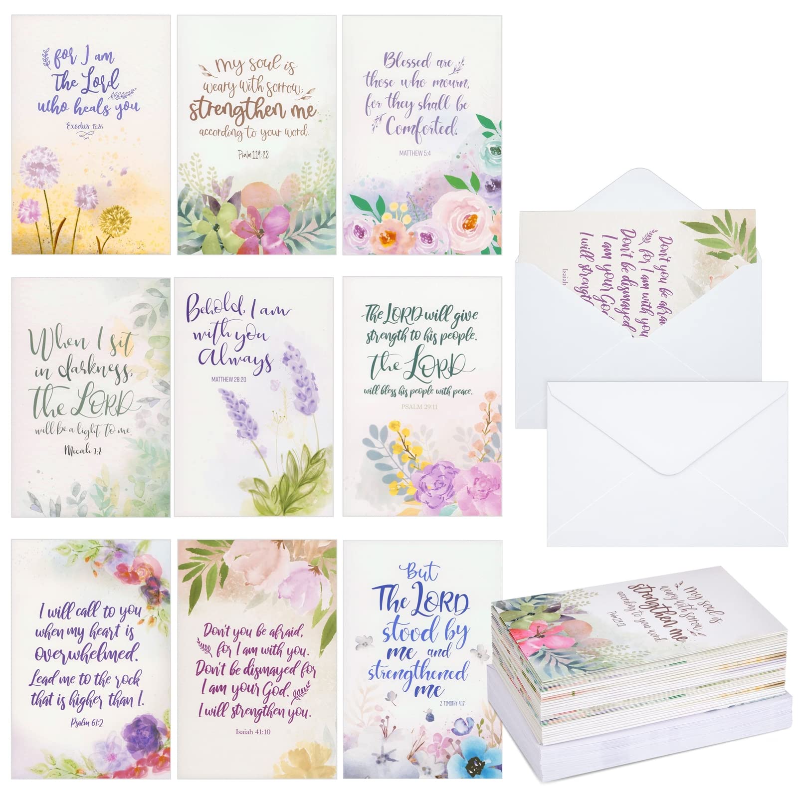 36 Pack Bulk Religious Sympathy Cards with Envelopes, Watercolour Floral Designs with Christian Bible Verses for Funerals, Condolences (10 x 15 cm)
