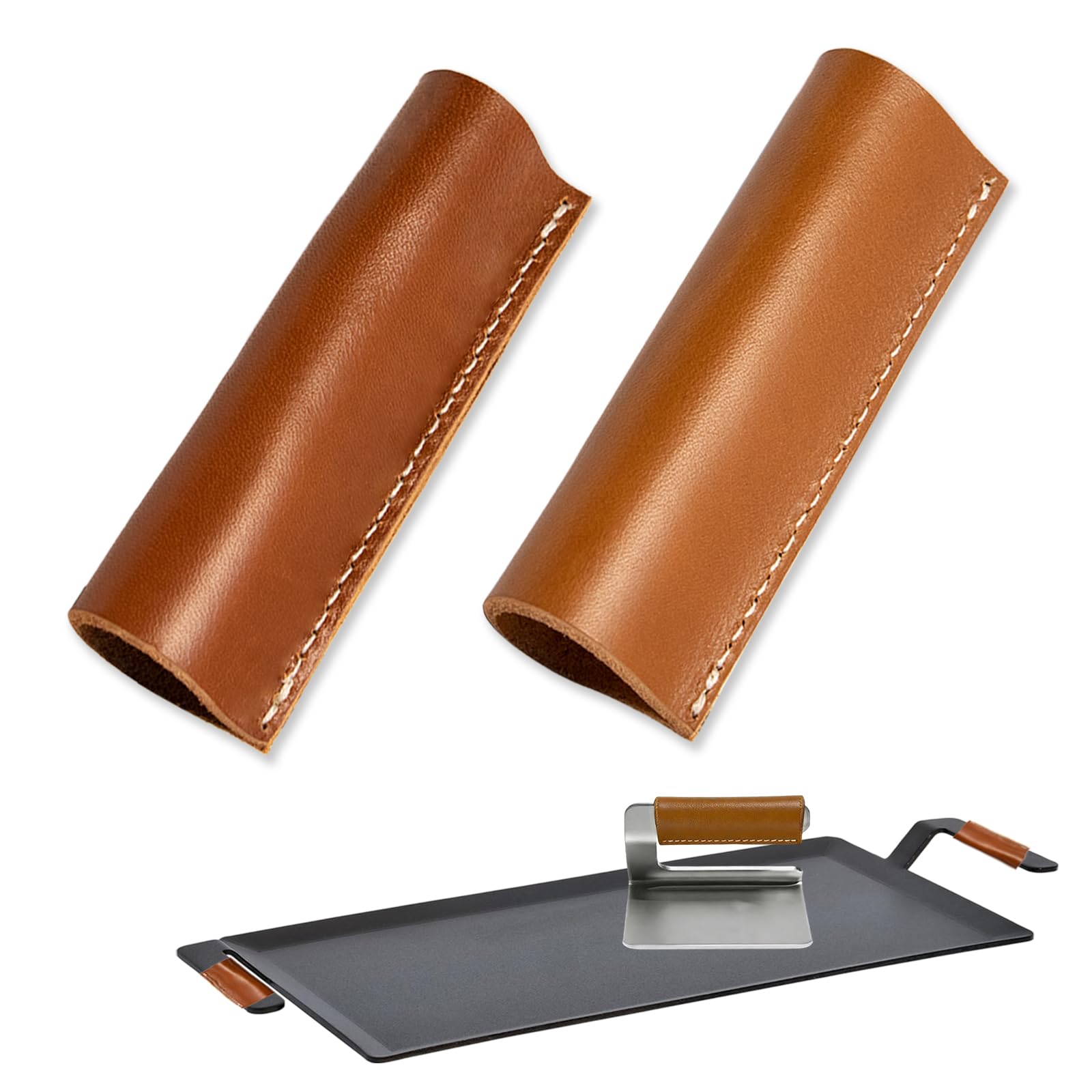 Photo 1 of 2 Pcs Full Grain Leather Handle Covers,Heat-Resistant Handle Cover for Carbon Steel Griddle and Grill Press?, Elegant and Durable ?2 Different Colors?