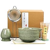 Matcha Whisk Set, 17oz Ceramic Bowl with Spout, Bamboo Matcha Scoop and Stainless Sifter - 5 Pcs Jade Green Matcha Kit, Matcha Kit for Making Breakfast/Latte,Gift for Matcha Lovers