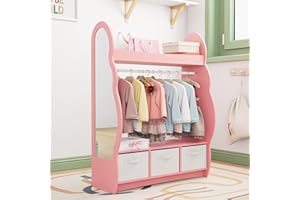 HedoAjim Kids Dress Up Storage Rack Mirror Wood Child Wardrobe 2 Hooks 2 Fabric Bins Toddler Closet Girls Boys Open Hanging Armoire Storage Shelf Coat Costume Hat Shoe (Cloud+Pink+Three Drawers)