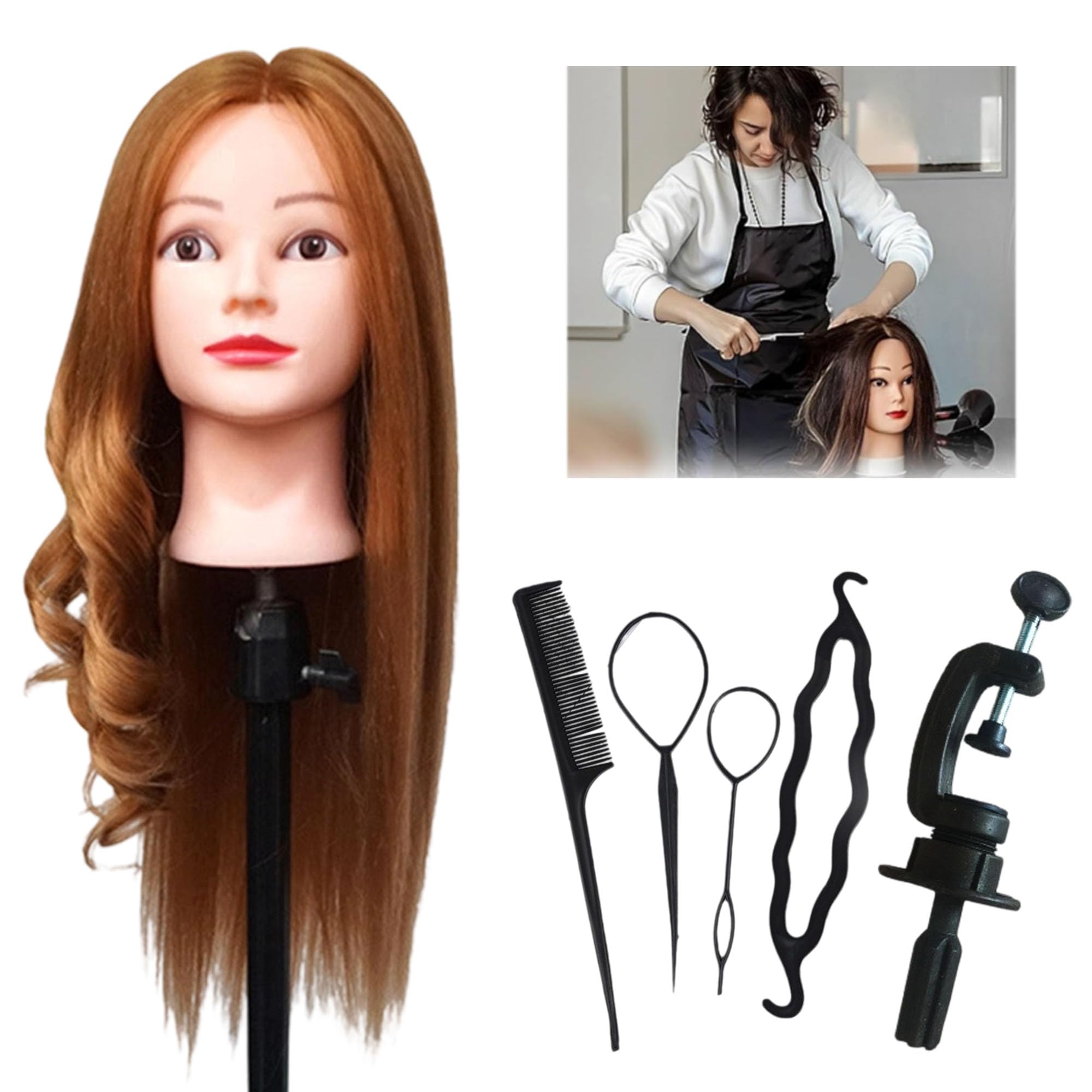 FGXY 80% Real Hair Styling Head, Beauty Training Styling Headband Holder, Practice Head Hair Styling Tool Accessories Set, DIY Hair Styling Braiding Set(Golden)